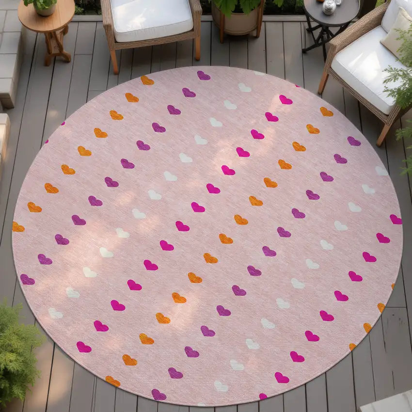 8' Pink And Ivory Round Geometric Washable Indoor Outdoor Area Rug Photo 4