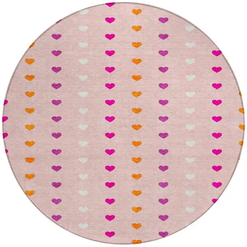 8' Pink And Ivory Round Geometric Washable Indoor Outdoor Area Rug Photo 3