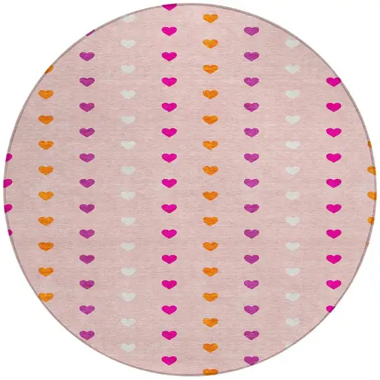 8' Pink And Ivory Round Geometric Washable Indoor Outdoor Area Rug Photo 3