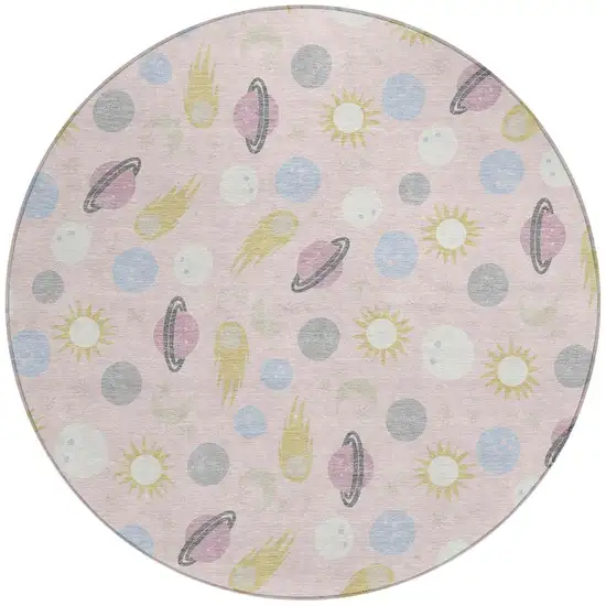 8' Pink And Ivory Round Geometric Washable Indoor Outdoor Area Rug Photo 3