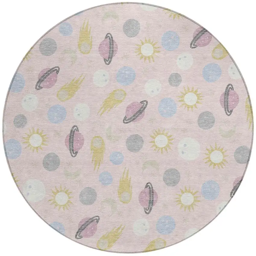 8' Pink And Ivory Round Geometric Washable Indoor Outdoor Area Rug Photo 3