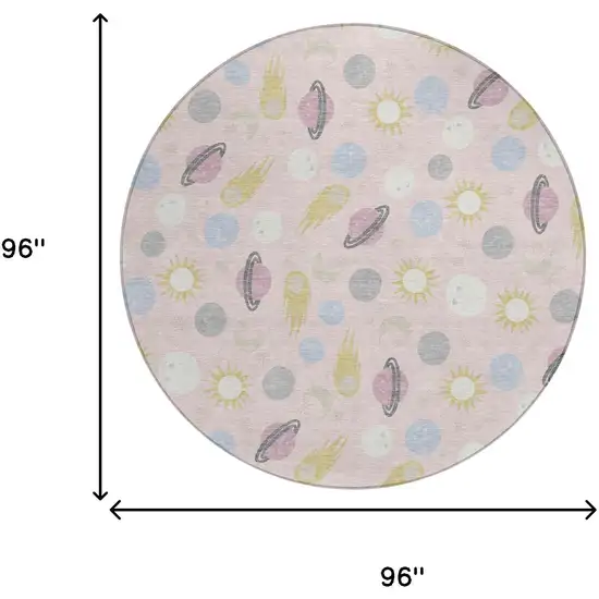 8' Pink And Ivory Round Geometric Washable Indoor Outdoor Area Rug Photo 6