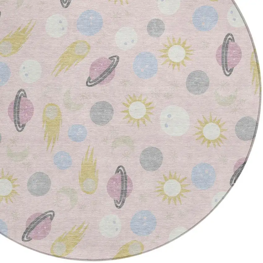 8' Pink And Ivory Round Geometric Washable Indoor Outdoor Area Rug Photo 2