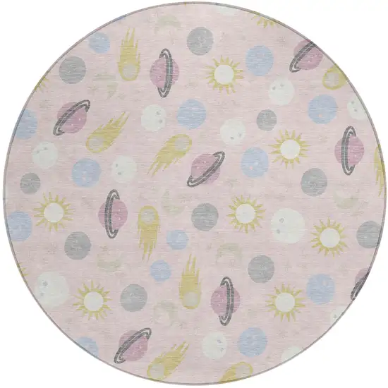 8' Pink And Ivory Round Geometric Washable Indoor Outdoor Area Rug Photo 1