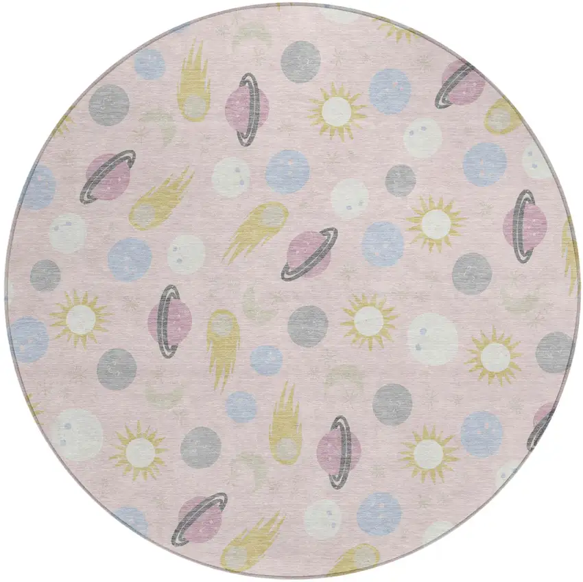 8' Pink And Ivory Round Geometric Washable Indoor Outdoor Area Rug Photo 1