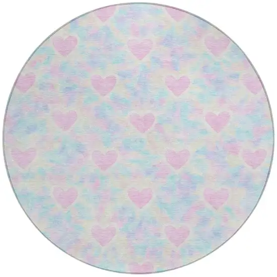 8' Pink And Ivory Round Geometric Washable Indoor Outdoor Area Rug Photo 2