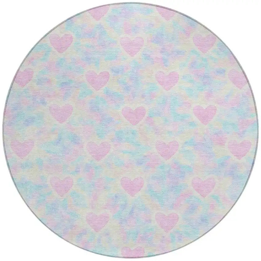 8' Pink And Ivory Round Geometric Washable Indoor Outdoor Area Rug Photo 2