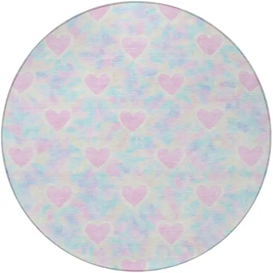 8' Pink And Ivory Round Geometric Washable Indoor Outdoor Area Rug Photo 3