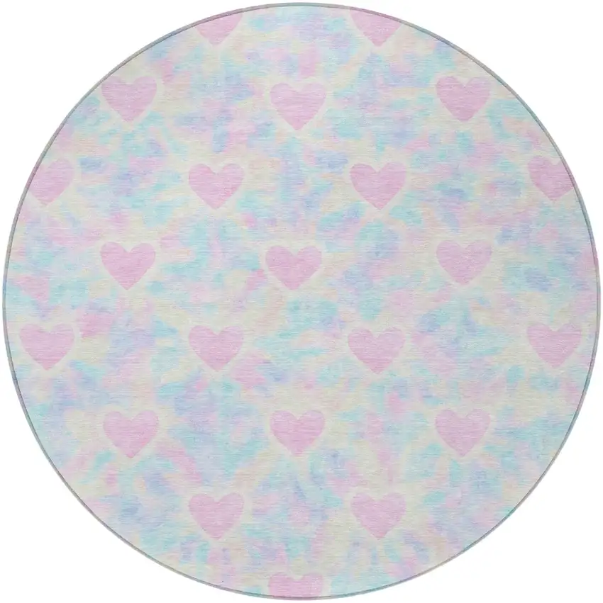 8' Pink And Ivory Round Geometric Washable Indoor Outdoor Area Rug Photo 3
