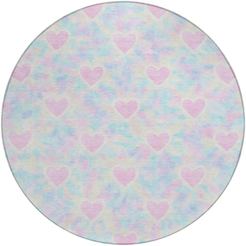 8' Pink And Ivory Round Geometric Washable Indoor Outdoor Area Rug Photo 1