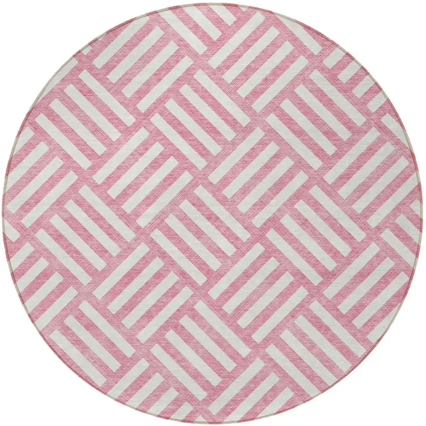 8' Pink And Ivory Round Geometric Washable Indoor Outdoor Area Rug Photo 5