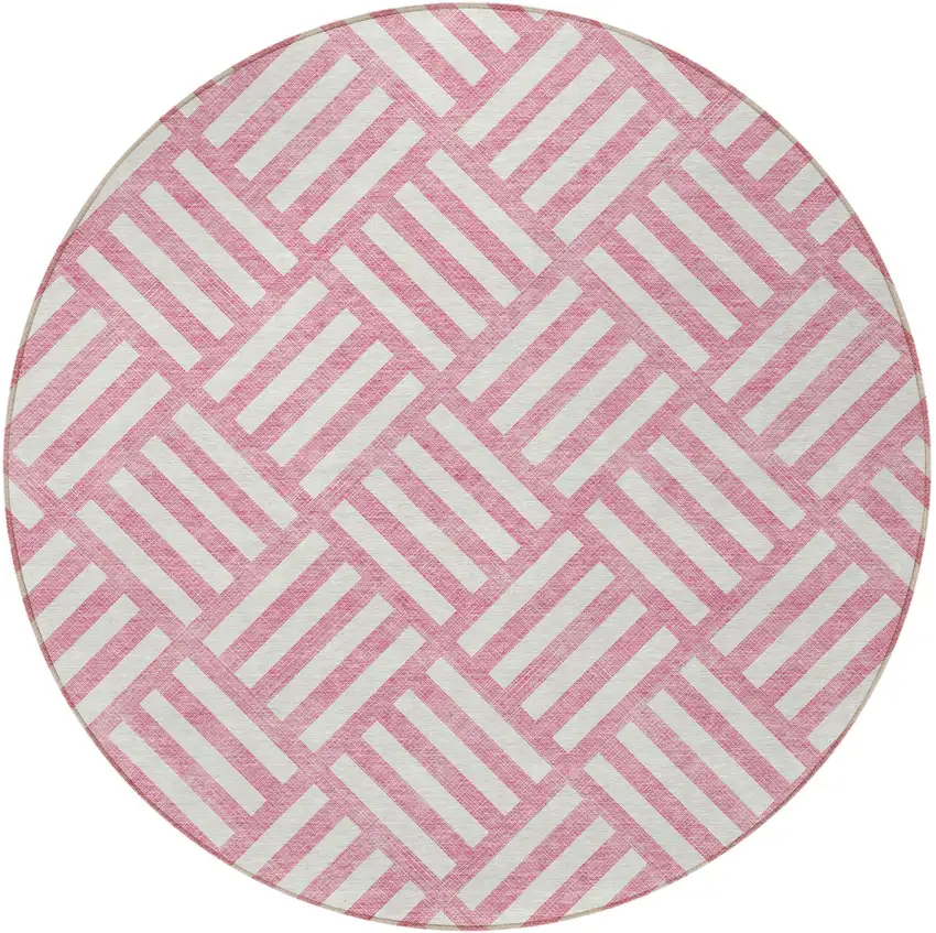 8' Pink And Ivory Round Geometric Washable Indoor Outdoor Area Rug Photo 5