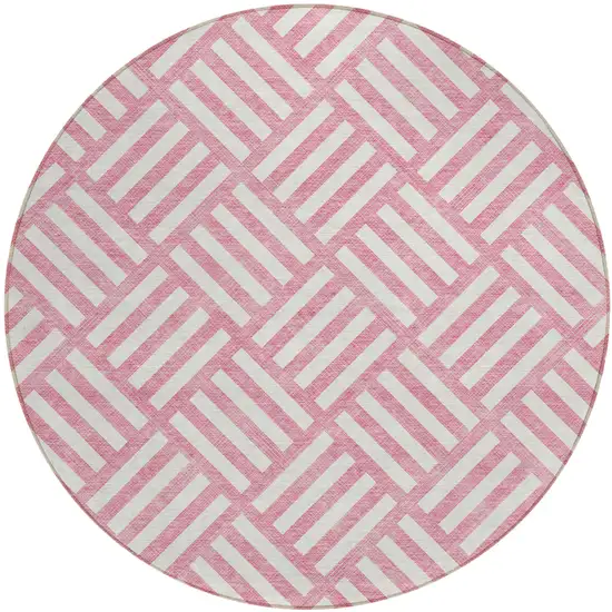 8' Pink And Ivory Round Geometric Washable Indoor Outdoor Area Rug Photo 2