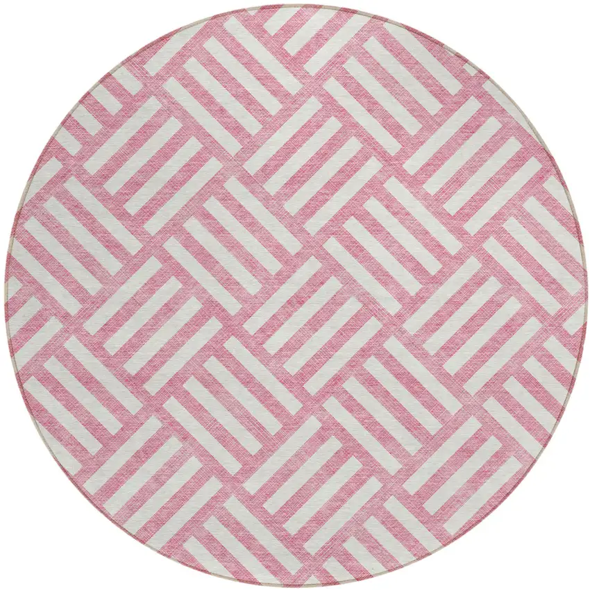 8' Pink And Ivory Round Geometric Washable Indoor Outdoor Area Rug Photo 2