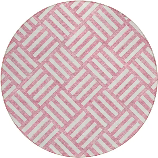 8' Pink And Ivory Round Geometric Washable Indoor Outdoor Area Rug Photo 2