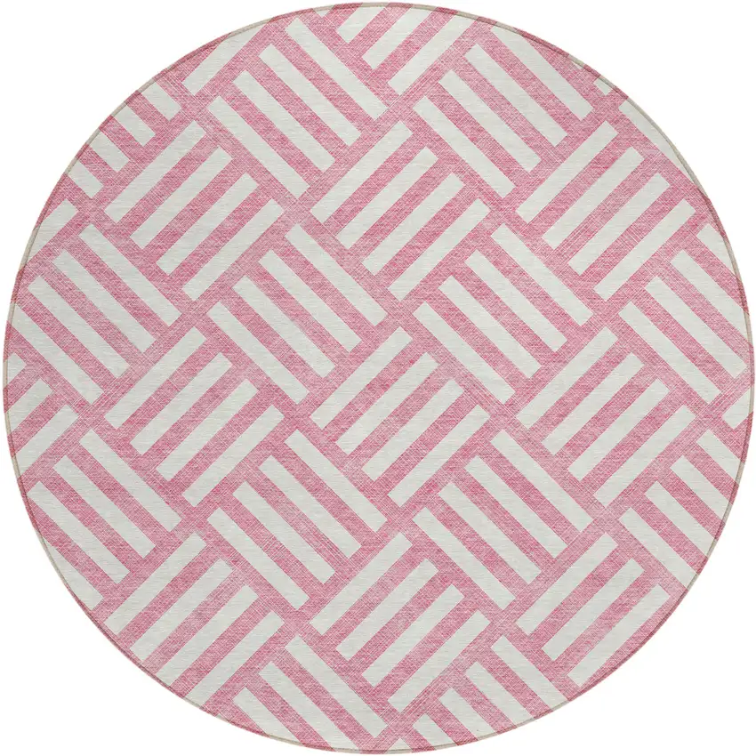 8' Pink And Ivory Round Geometric Washable Indoor Outdoor Area Rug Photo 2