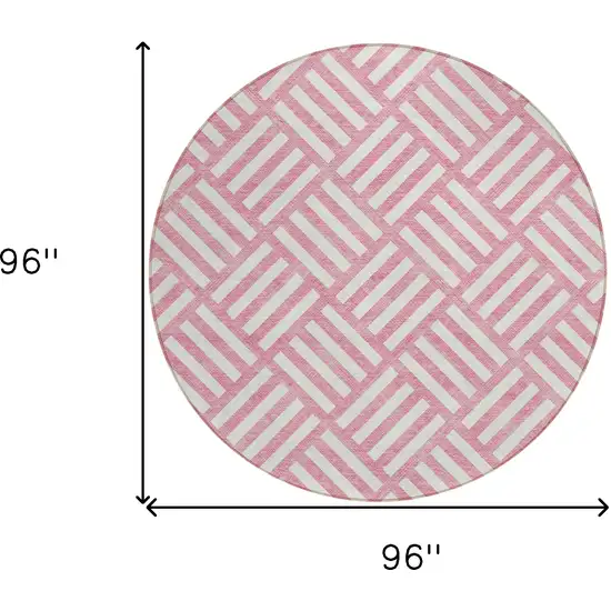 8' Pink And Ivory Round Geometric Washable Indoor Outdoor Area Rug Photo 3