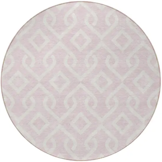 8' Pink And Ivory Round Geometric Washable Indoor Outdoor Area Rug Photo 4