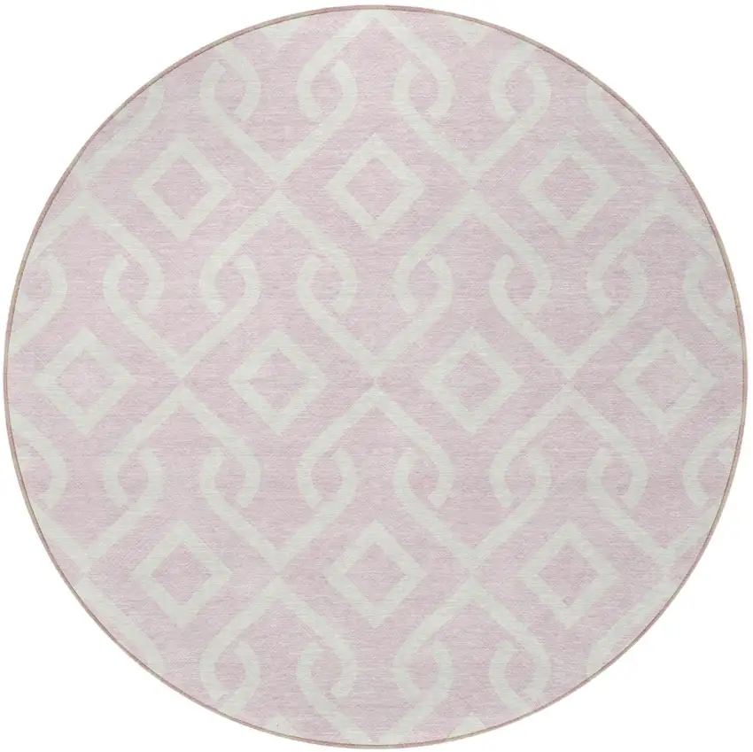 8' Pink And Ivory Round Geometric Washable Indoor Outdoor Area Rug Photo 4