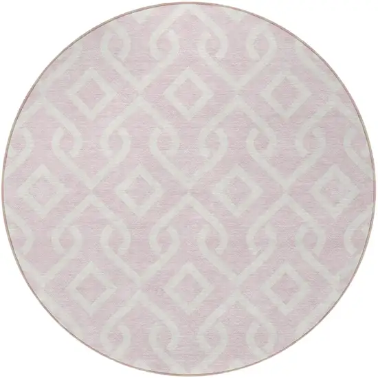 8' Pink And Ivory Round Geometric Washable Indoor Outdoor Area Rug Photo 4