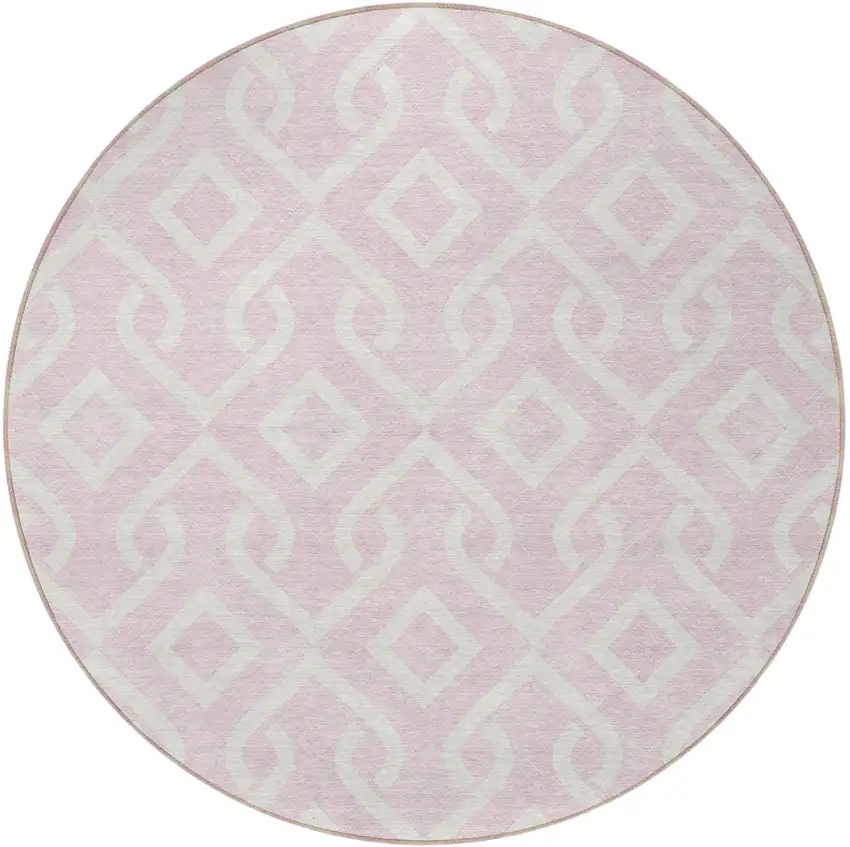 8' Pink And Ivory Round Geometric Washable Indoor Outdoor Area Rug Photo 4