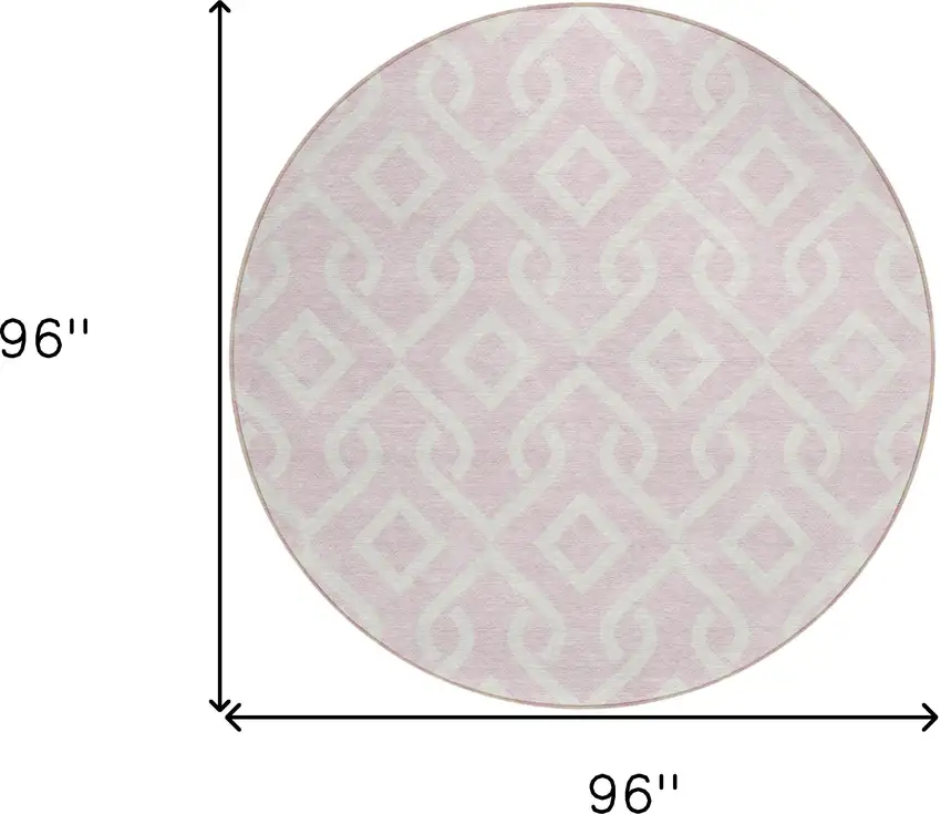 8' Pink And Ivory Round Geometric Washable Indoor Outdoor Area Rug Photo 3