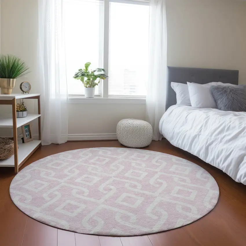 8' Pink And Ivory Round Geometric Washable Indoor Outdoor Area Rug Photo 6