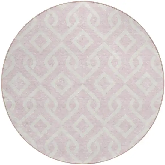 8' Pink And Ivory Round Geometric Washable Indoor Outdoor Area Rug Photo 2