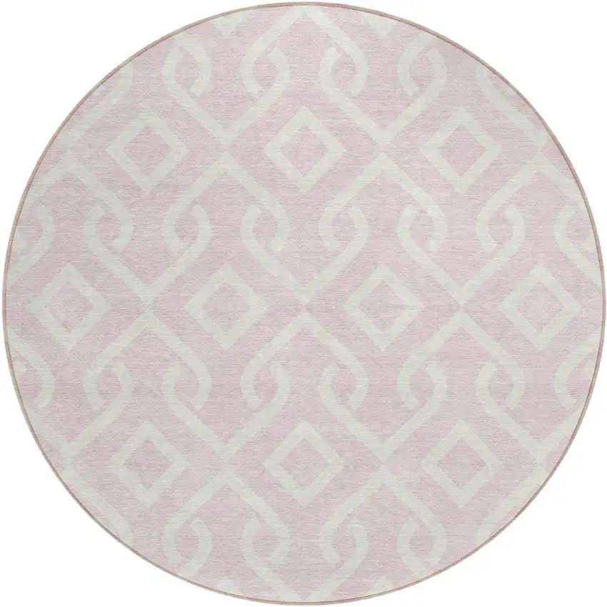 8' Pink And Ivory Round Geometric Washable Indoor Outdoor Area Rug Photo 2