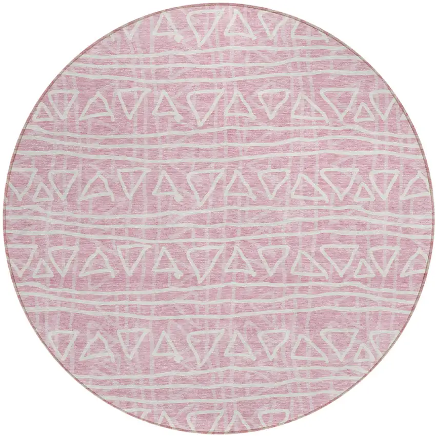 8' Pink And Ivory Round Geometric Washable Indoor Outdoor Area Rug Photo 2