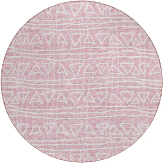 8' Pink And Ivory Round Geometric Washable Indoor Outdoor Area Rug Photo 2