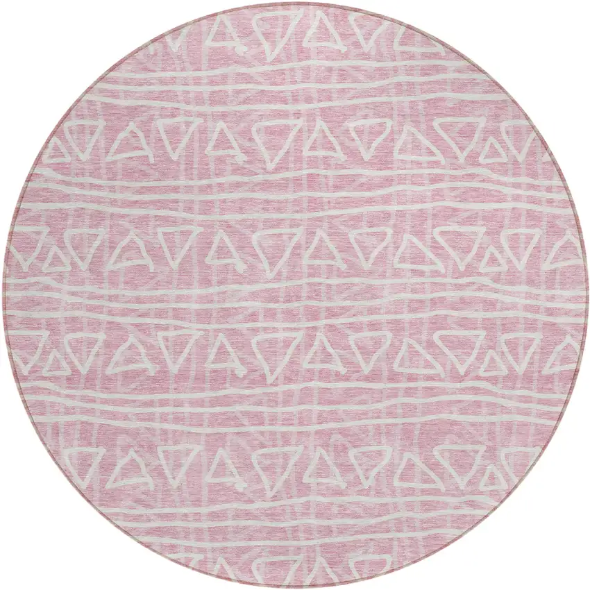 8' Pink And Ivory Round Geometric Washable Indoor Outdoor Area Rug Photo 2