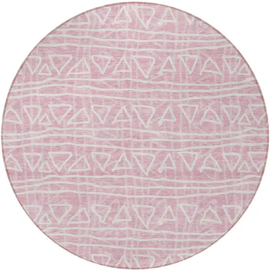 8' Pink And Ivory Round Geometric Washable Indoor Outdoor Area Rug Photo 6