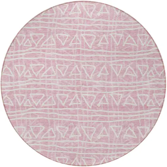 8' Pink And Ivory Round Geometric Washable Indoor Outdoor Area Rug Photo 6