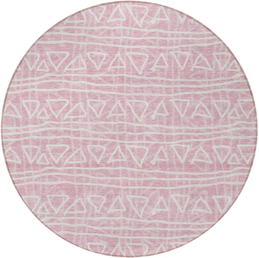 8' Pink And Ivory Round Geometric Washable Indoor Outdoor Area Rug Photo 6