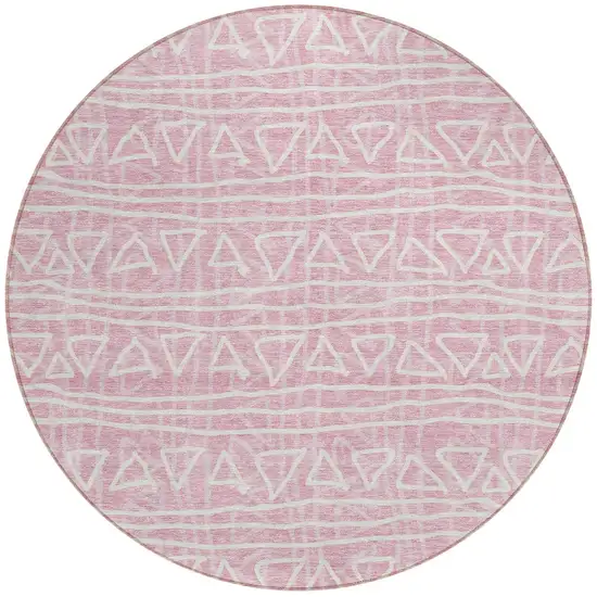 8' Pink And Ivory Round Geometric Washable Indoor Outdoor Area Rug Photo 5
