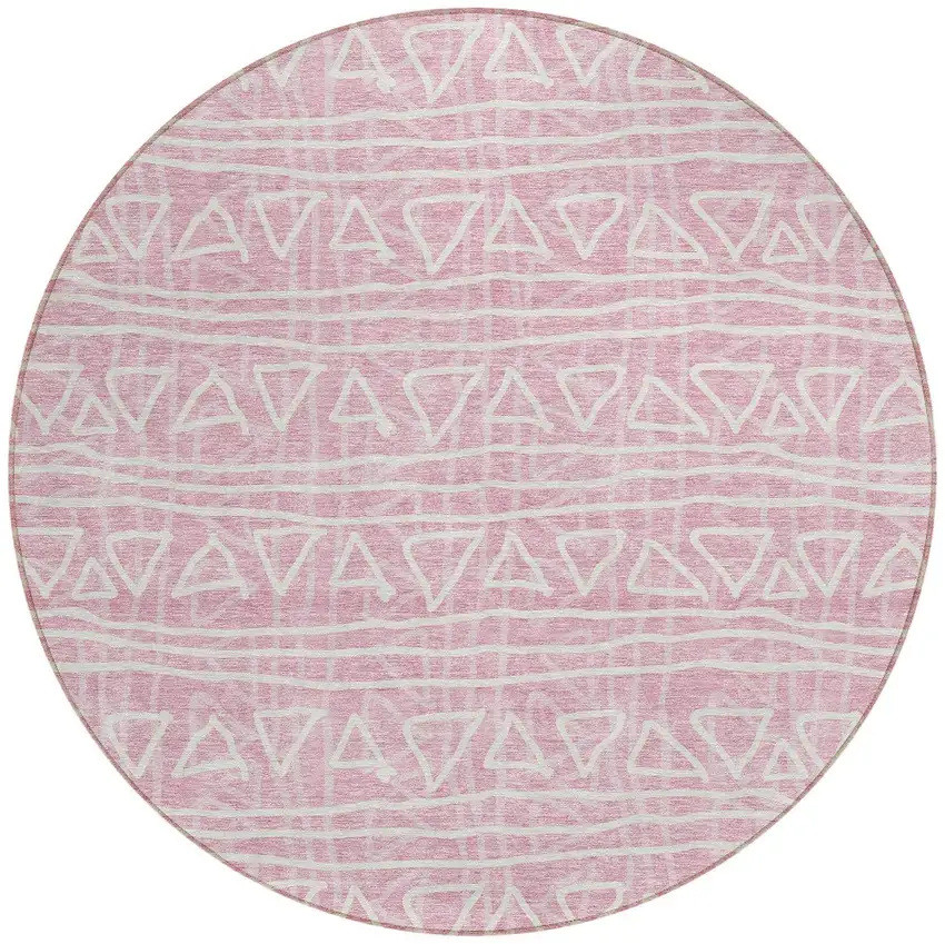 8' Pink And Ivory Round Geometric Washable Indoor Outdoor Area Rug Photo 5