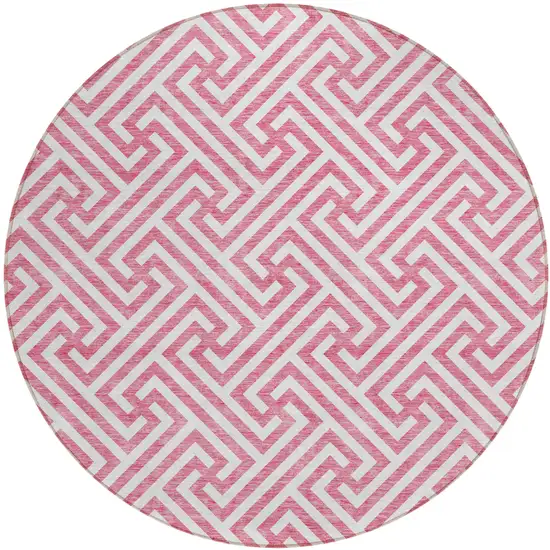 8' Pink And Ivory Round Geometric Washable Indoor Outdoor Area Rug Photo 2