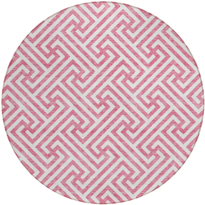 8' Pink And Ivory Round Geometric Washable Indoor Outdoor Area Rug Photo 2
