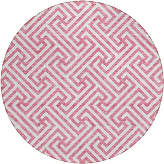 8' Pink And Ivory Round Geometric Washable Indoor Outdoor Area Rug Photo 2