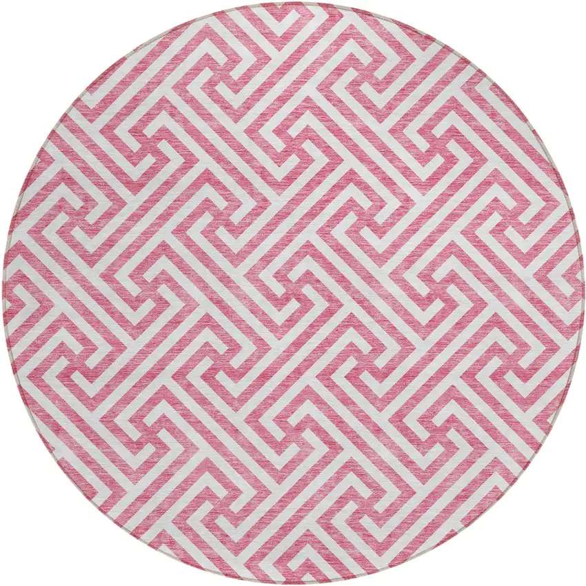 8' Pink And Ivory Round Geometric Washable Indoor Outdoor Area Rug Photo 2