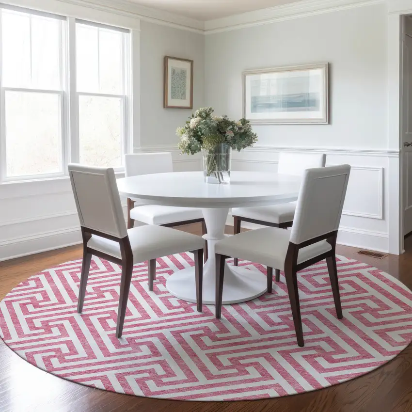 8' Pink And Ivory Round Geometric Washable Indoor Outdoor Area Rug Photo 9