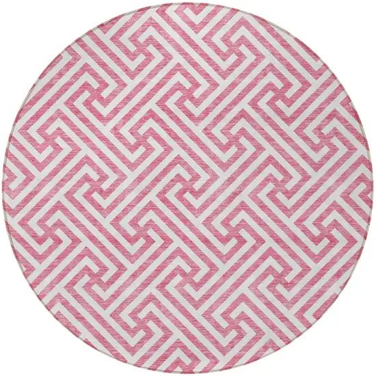 8' Pink And Ivory Round Geometric Washable Indoor Outdoor Area Rug Photo 6