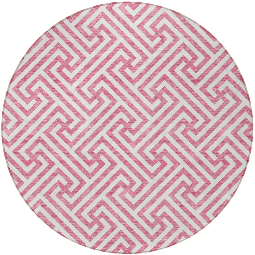 8' Pink And Ivory Round Geometric Washable Indoor Outdoor Area Rug Photo 6