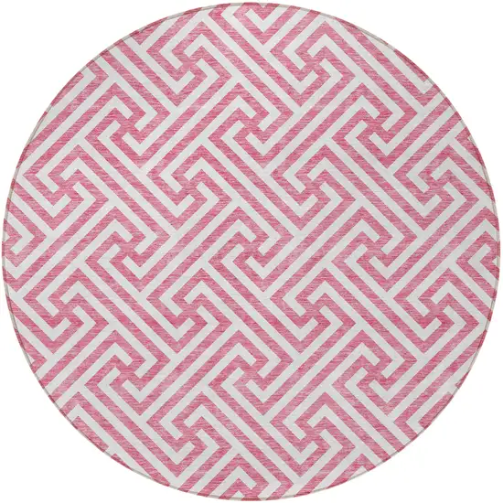 8' Pink And Ivory Round Geometric Washable Indoor Outdoor Area Rug Photo 6