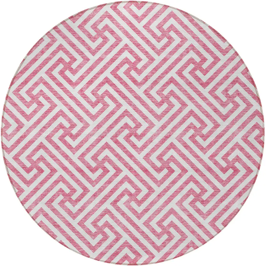 8' Pink And Ivory Round Geometric Washable Indoor Outdoor Area Rug Photo 6
