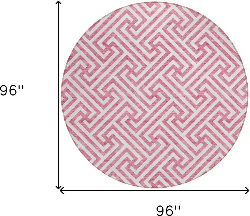 8' Pink And Ivory Round Geometric Washable Indoor Outdoor Area Rug Photo 8