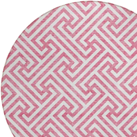 8' Pink And Ivory Round Geometric Washable Indoor Outdoor Area Rug Photo 5