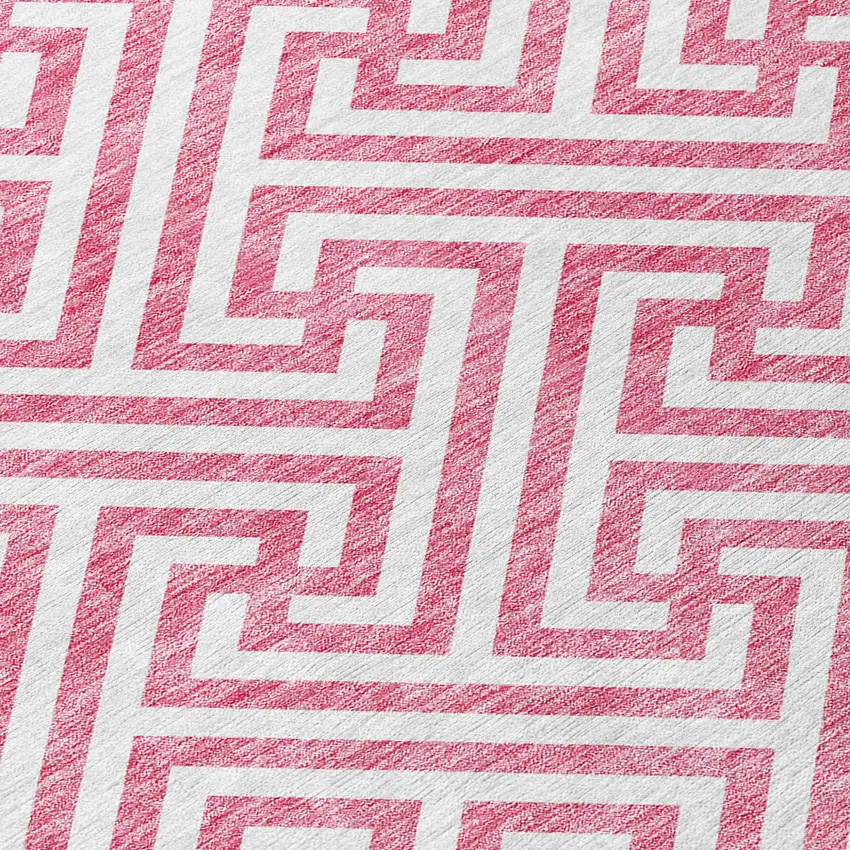 8' Pink And Ivory Round Geometric Washable Indoor Outdoor Area Rug Photo 5