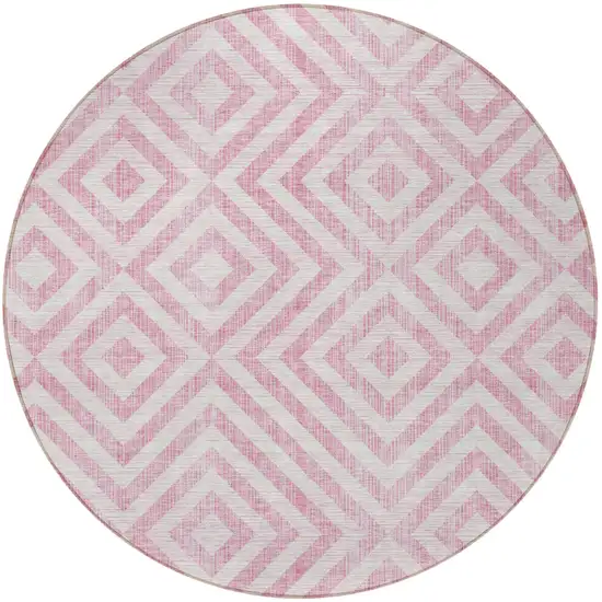 8' Pink And Ivory Round Geometric Washable Indoor Outdoor Area Rug Photo 6